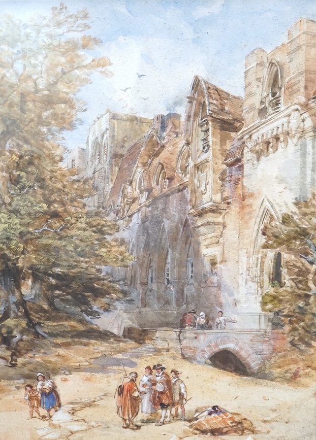 George Cattermole (1800-1868), watercolour, Figures before castle walls, 39 x 28cm